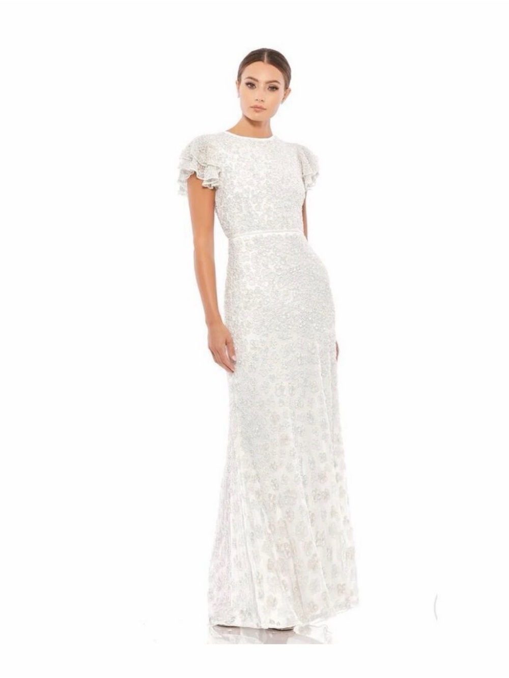 Mac Duggal White Lace Flutter-Sleeve Maxi Gown